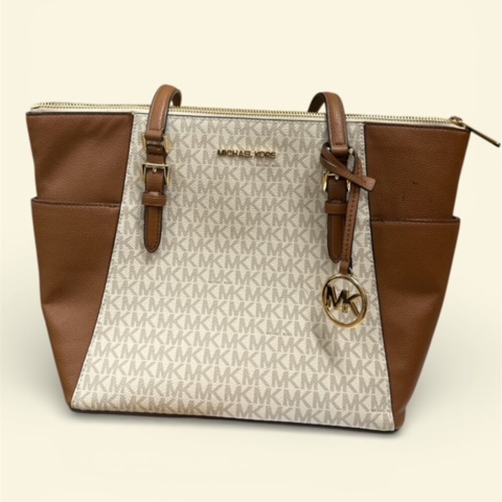 Michael Kors Charlotte Large Logo and Leather Top Zip Tote Bag